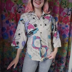 80's Vintage World Map Travel Vacation Button Up Shirt Novelty Maximalist